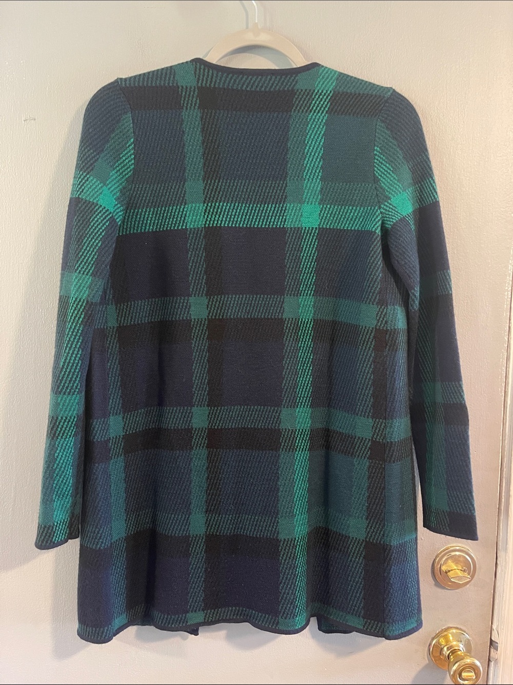 Talbots Navy & Green Plaid 100% Pure Merino Wool Open Long Cardigan Size XS - Picture 7 of 7